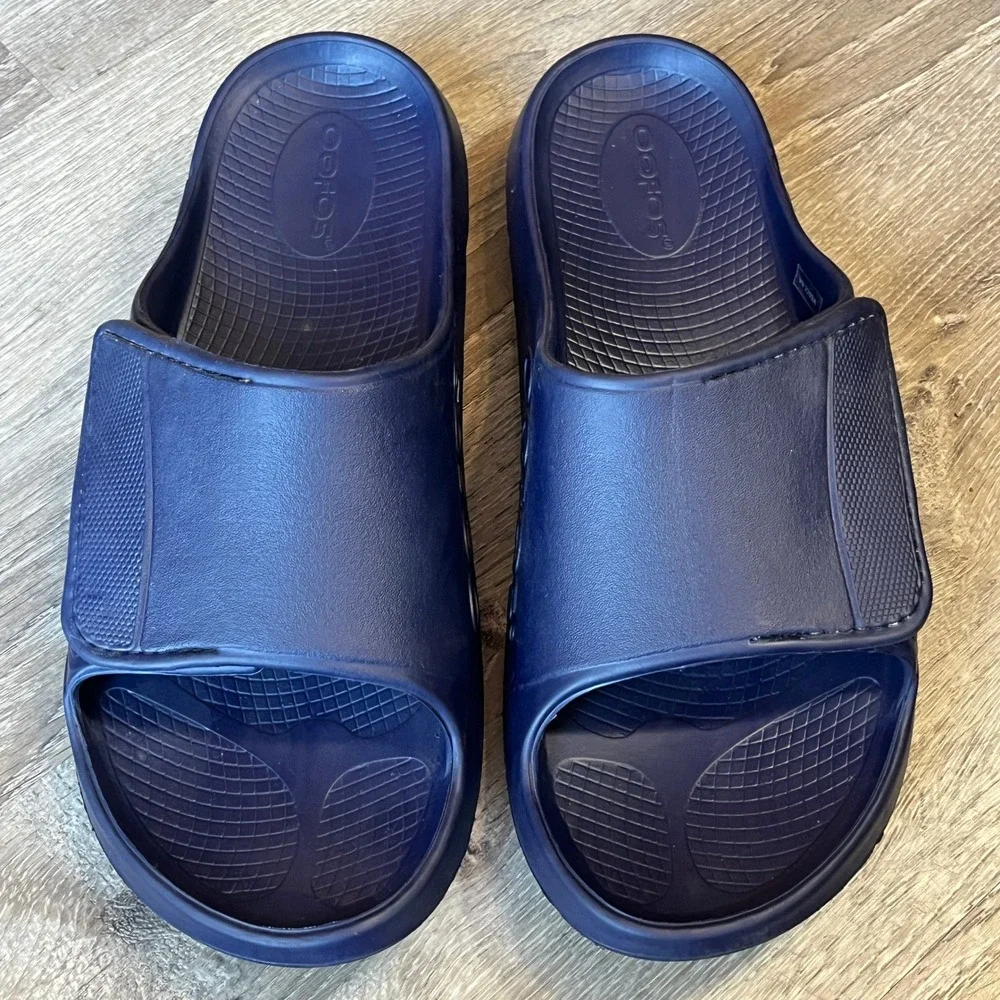 Oofos OOahh Sport Flex Navy Blue Recovery Slides Mens 14 Adjustable Strap Sandal